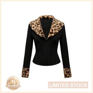 Y2K Leopard Faux Fur Trim Cardigan Button Down Long Sleeve Knit Outerwear